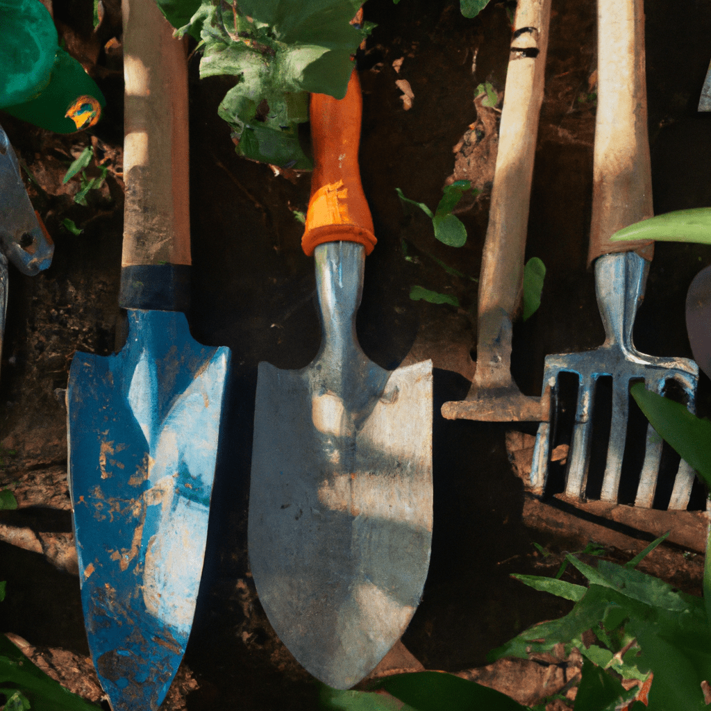 essential garden tools in a beautiful garden