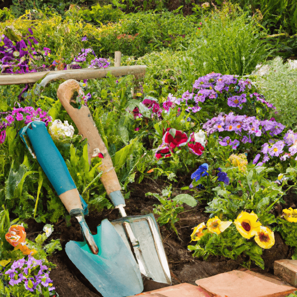 garden tools in a scenic garden full of flowers store shovels and rakes